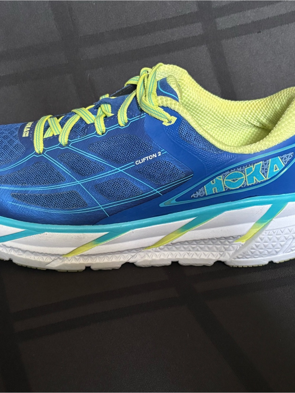 Hoka One One Clifton 2 Blue Lime Green Running Shoes Womens Sz:10 ( NO INSOLES)